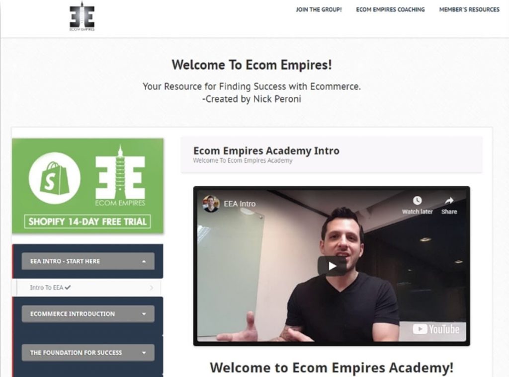 A snap to ECom Empires' webpage