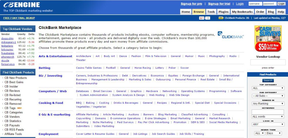CB Engine Most Popular ClickBank Analytics Search Site